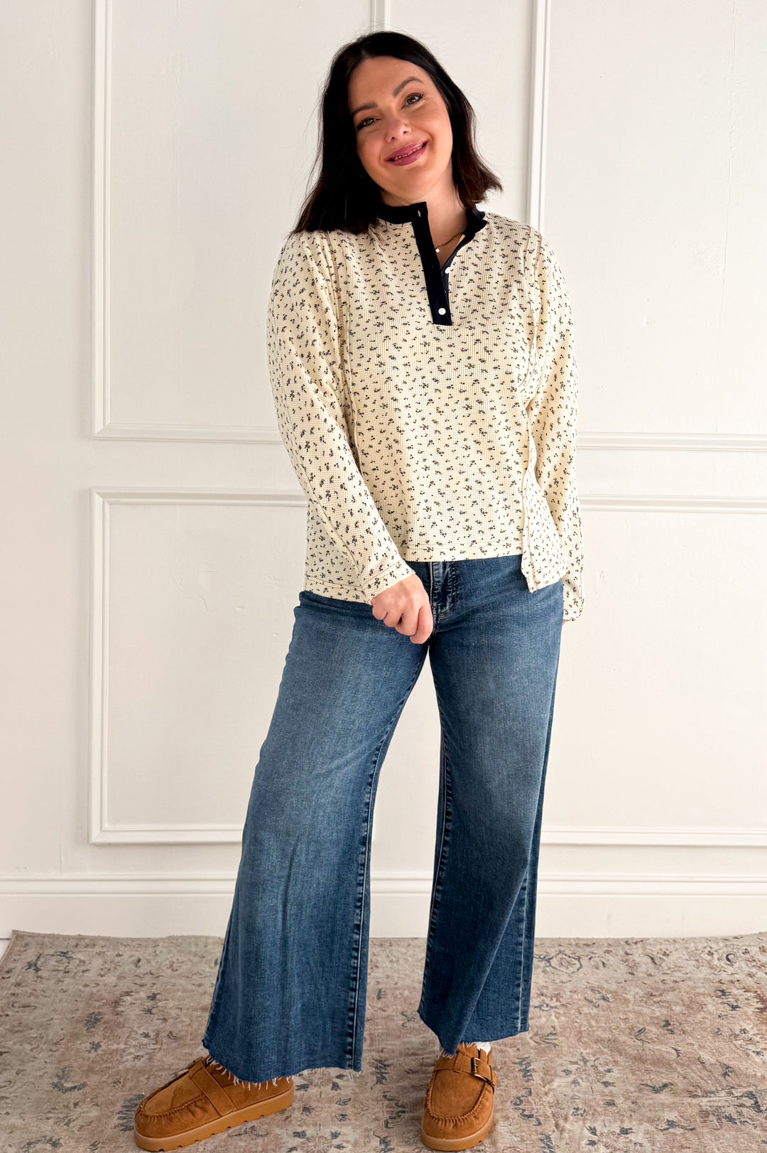 Ditsy Floral Henley Neck Waffle Knit Top