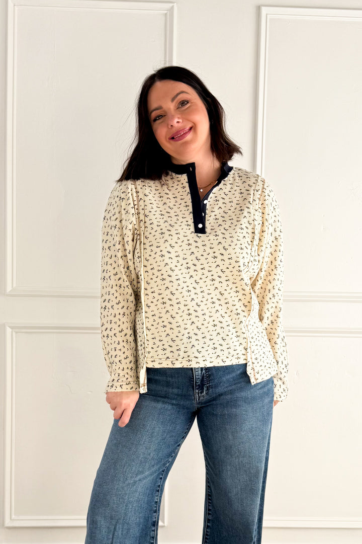 Ditsy Floral Henley Neck Waffle Knit Top