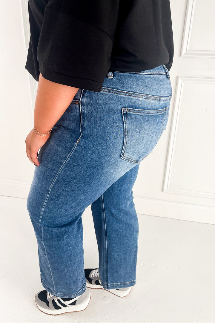 Risen High Rise Wide Leg Jeans With Pleats