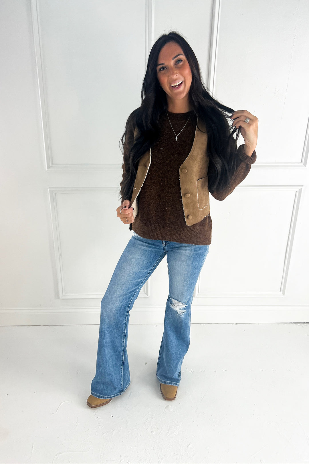 Suede Feel Sherpa Lined V-Neck Vest