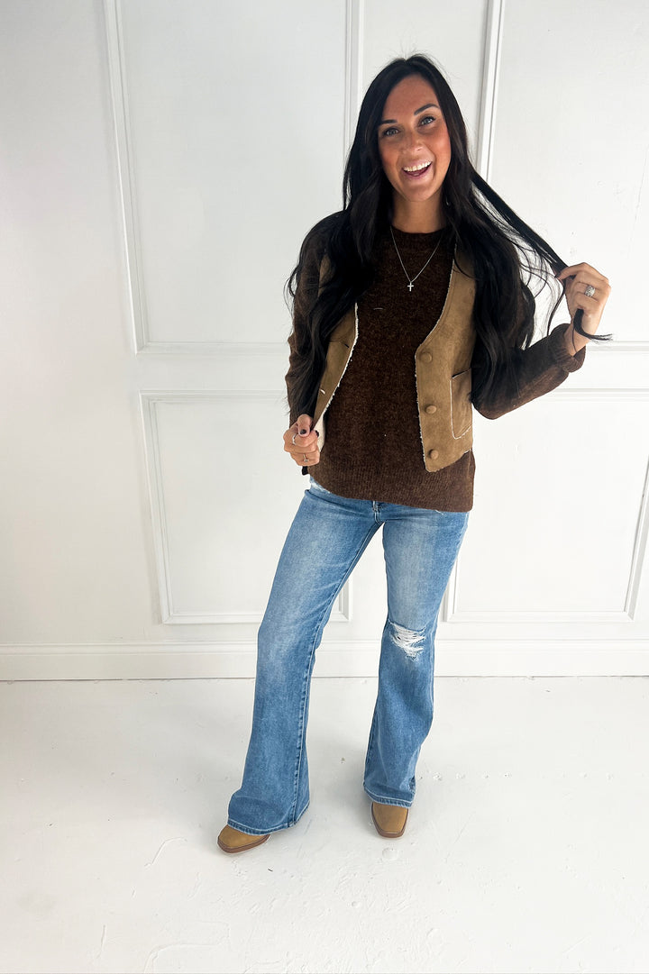 Suede Feel Sherpa Lined V-Neck Vest