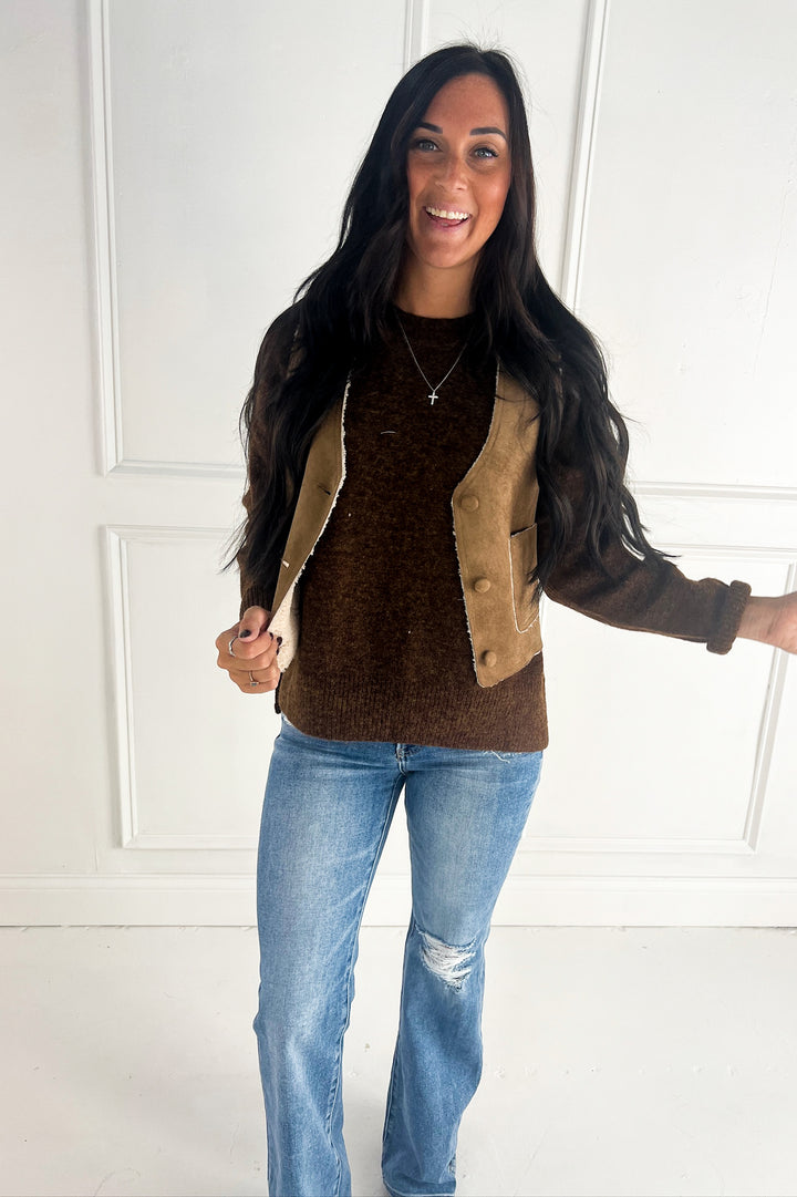 Suede Feel Sherpa Lined V-Neck Vest