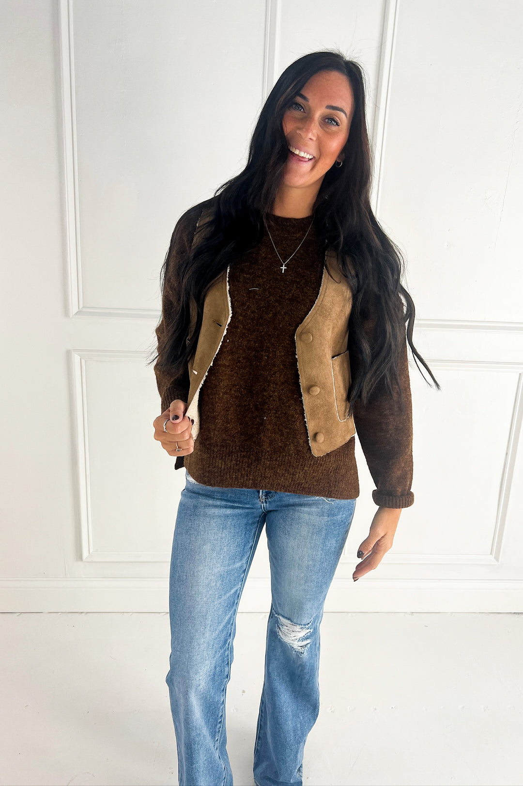 Suede Feel Sherpa Lined V-Neck Vest
