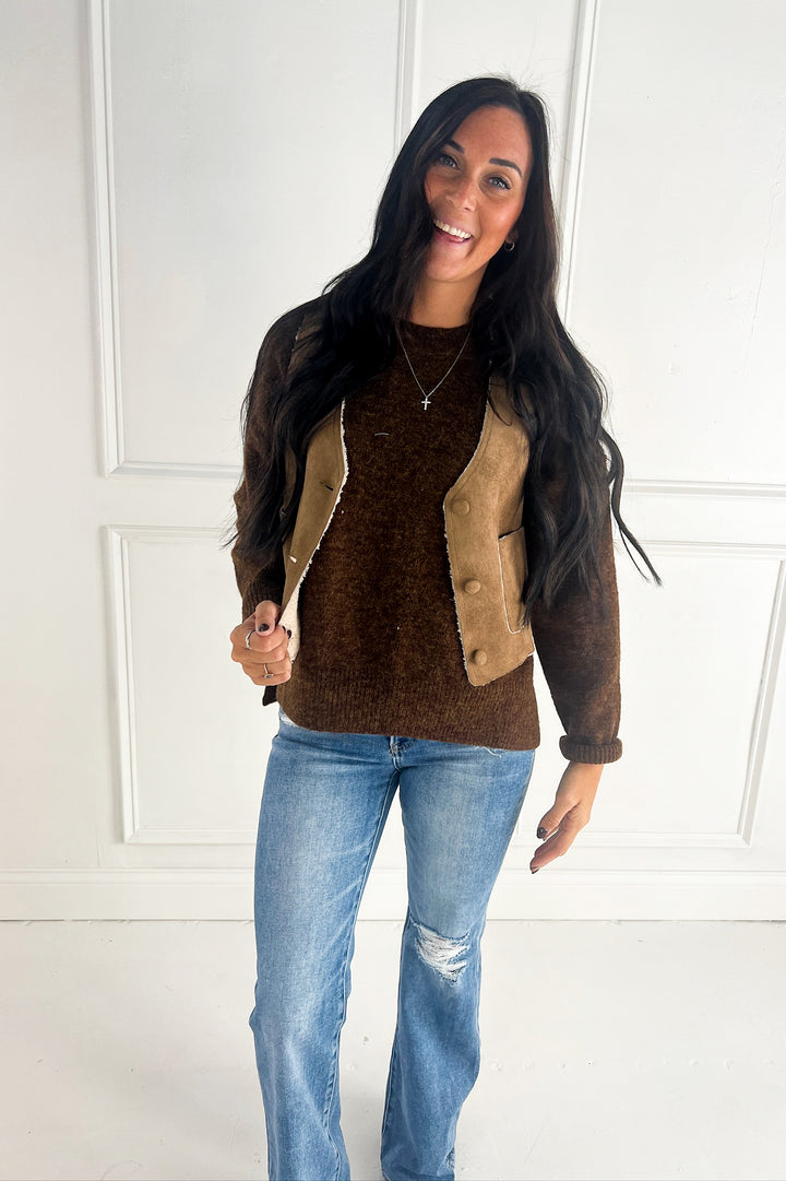 Suede Feel Sherpa Lined V-Neck Vest