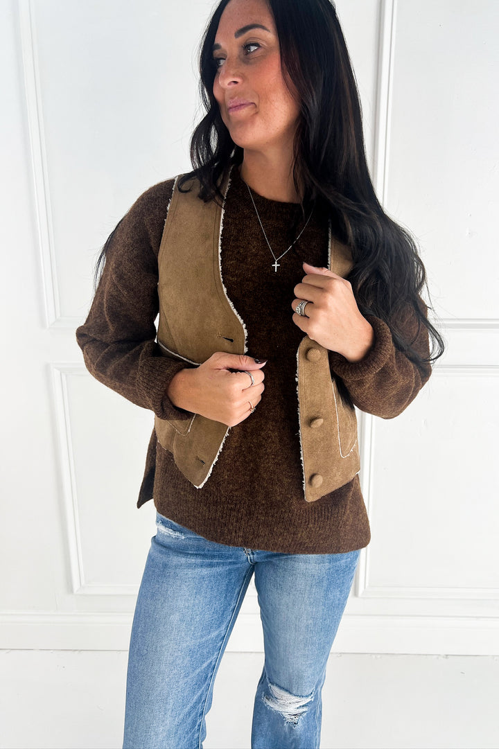 Suede Feel Sherpa Lined V-Neck Vest