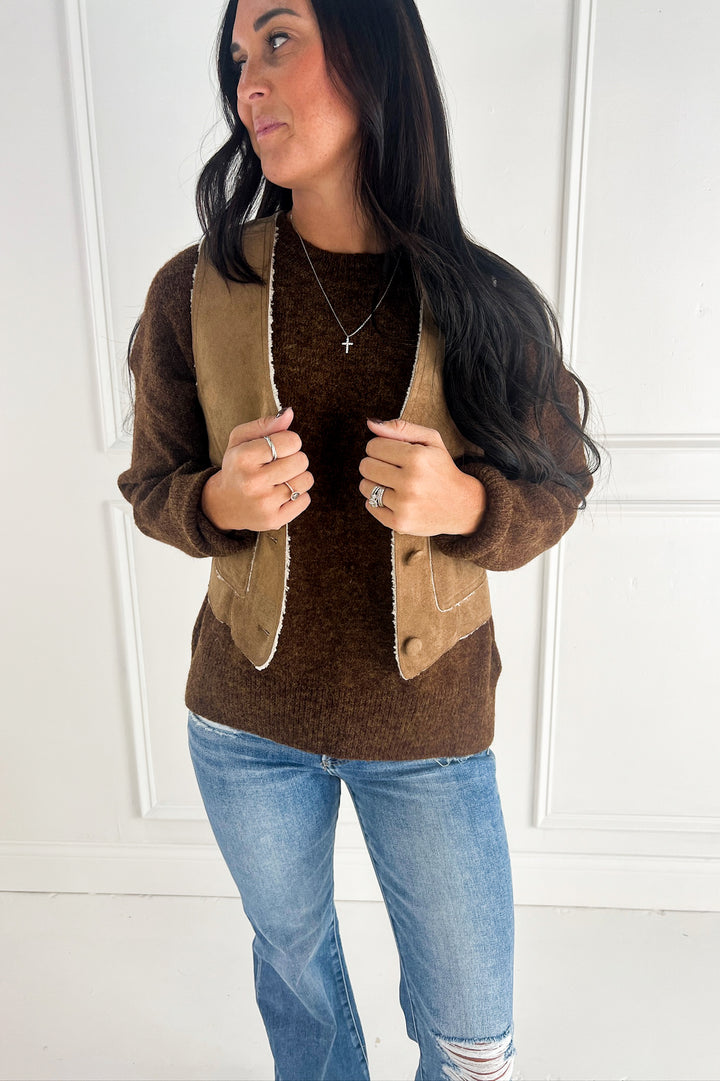 Suede Feel Sherpa Lined V-Neck Vest