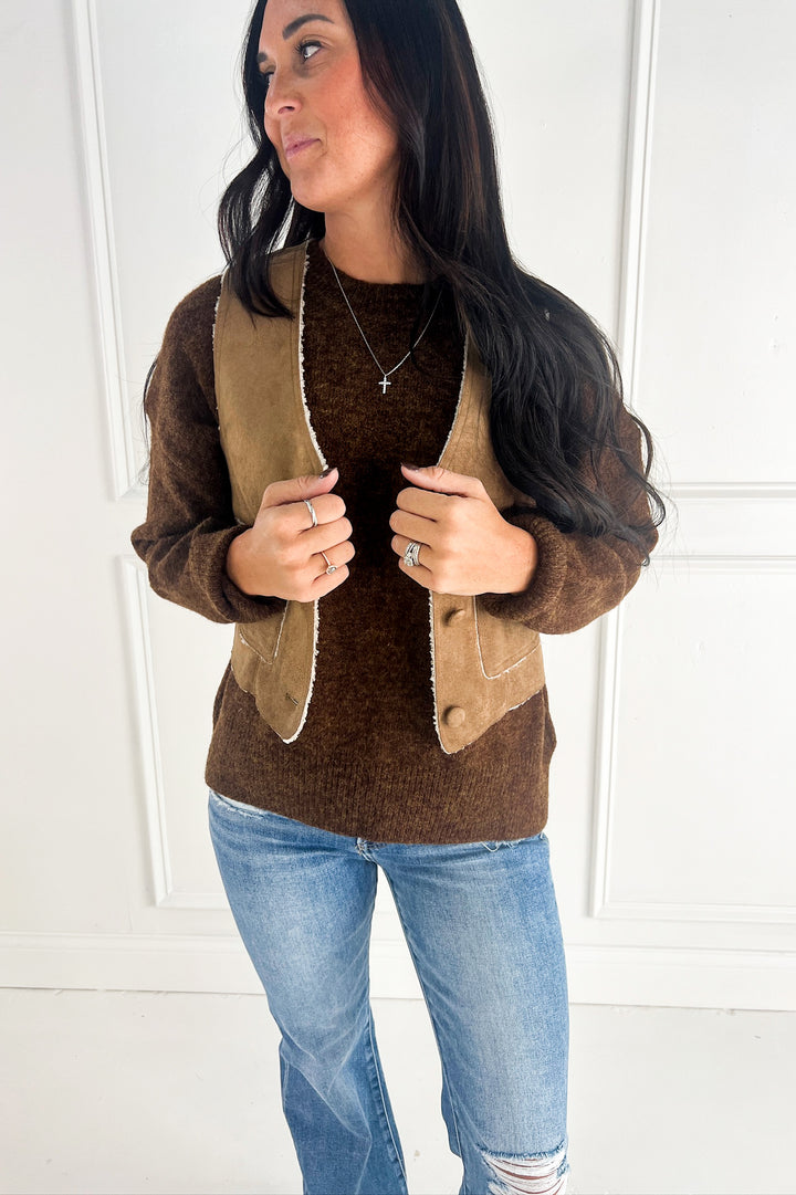 Suede Feel Sherpa Lined V-Neck Vest