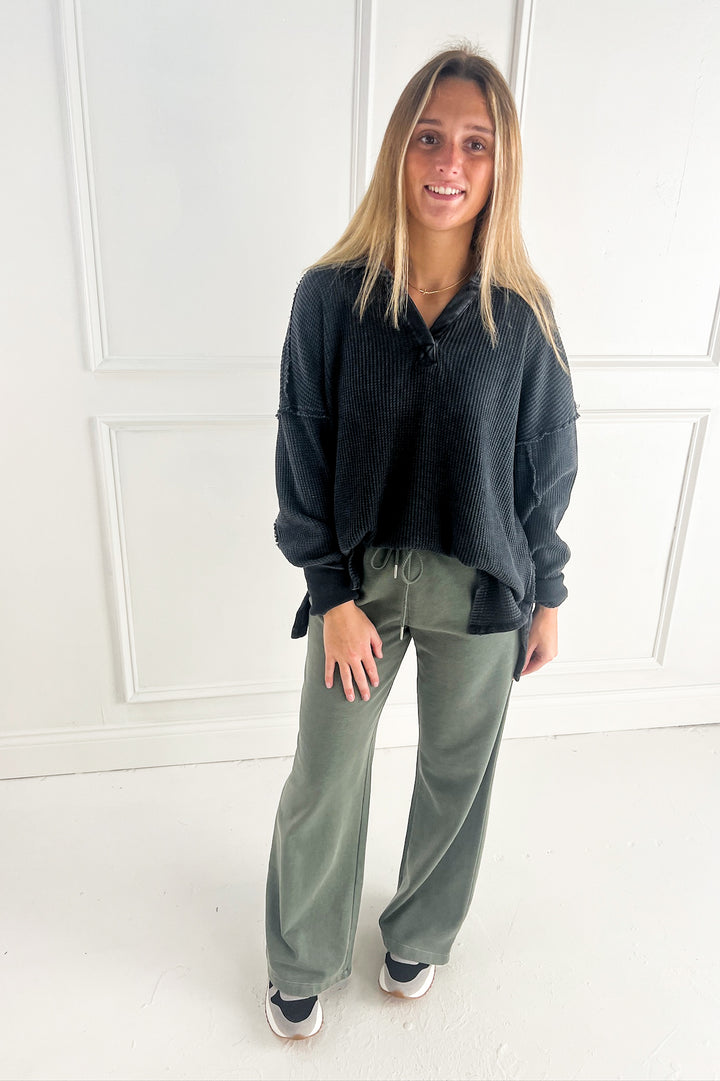 Acid Wash Wide Leg Cotton Fleece Pants