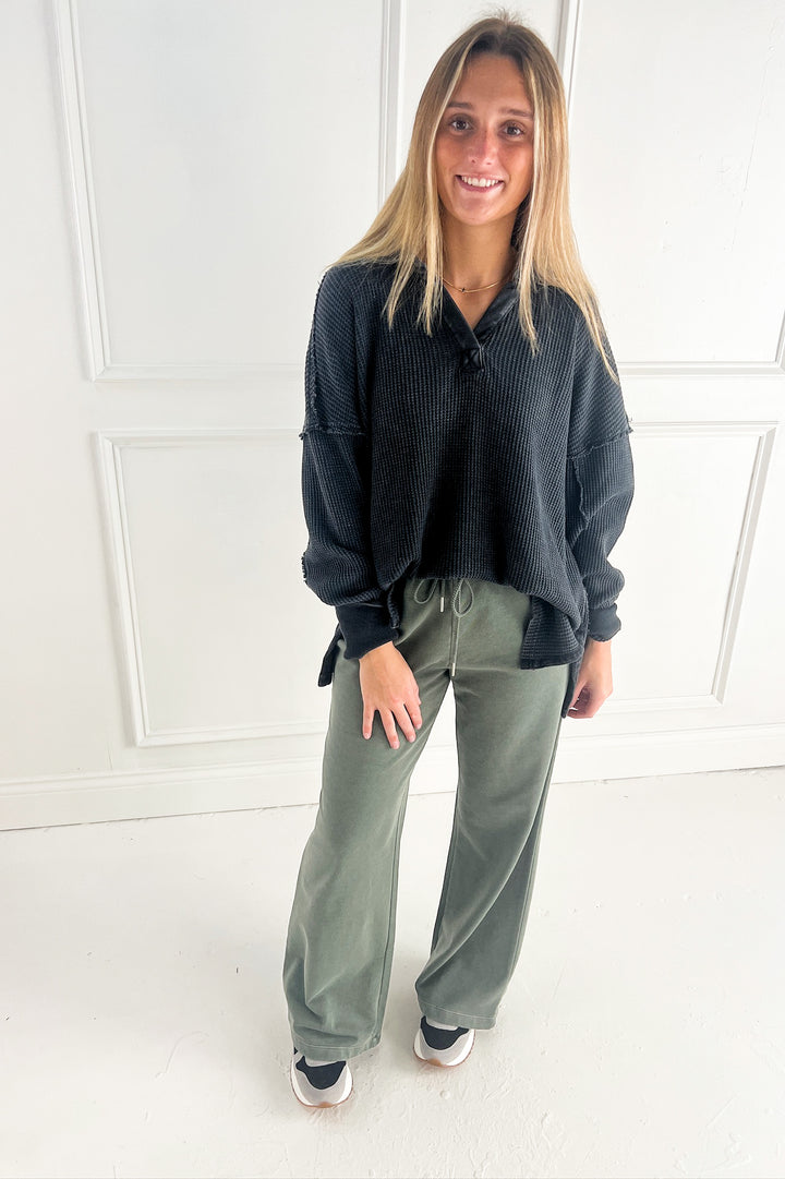 Acid Wash Wide Leg Cotton Fleece Pants