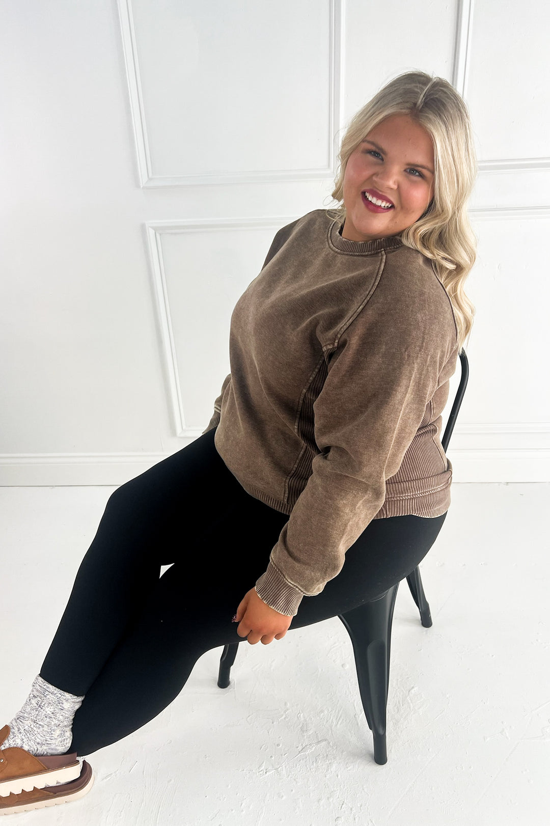 Curvy Acid Wash Fleece Sweatshirt