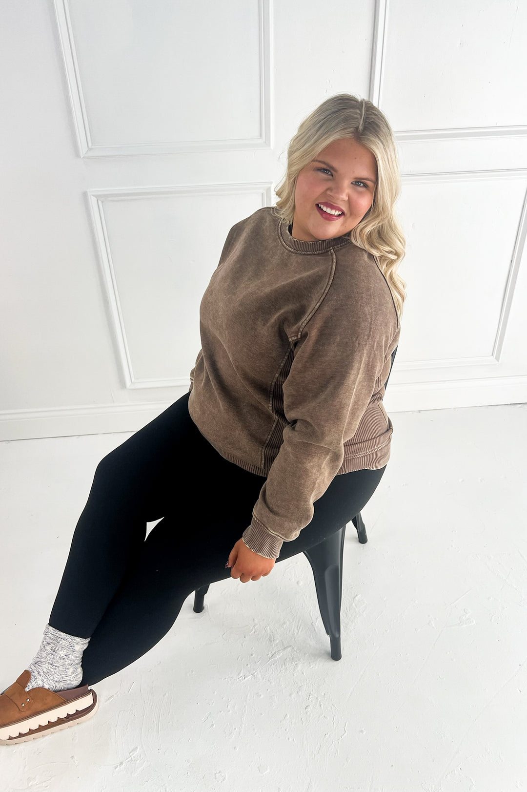 Curvy Acid Wash Fleece Sweatshirt