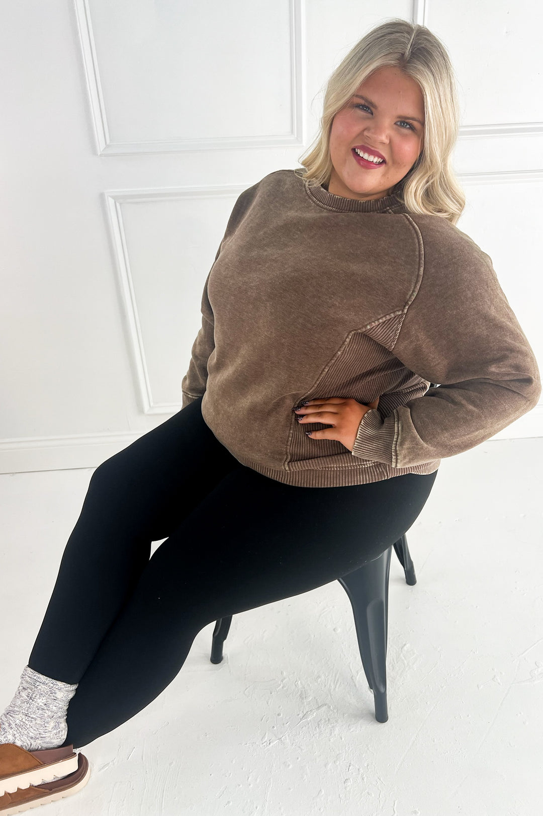 Curvy Acid Wash Fleece Sweatshirt