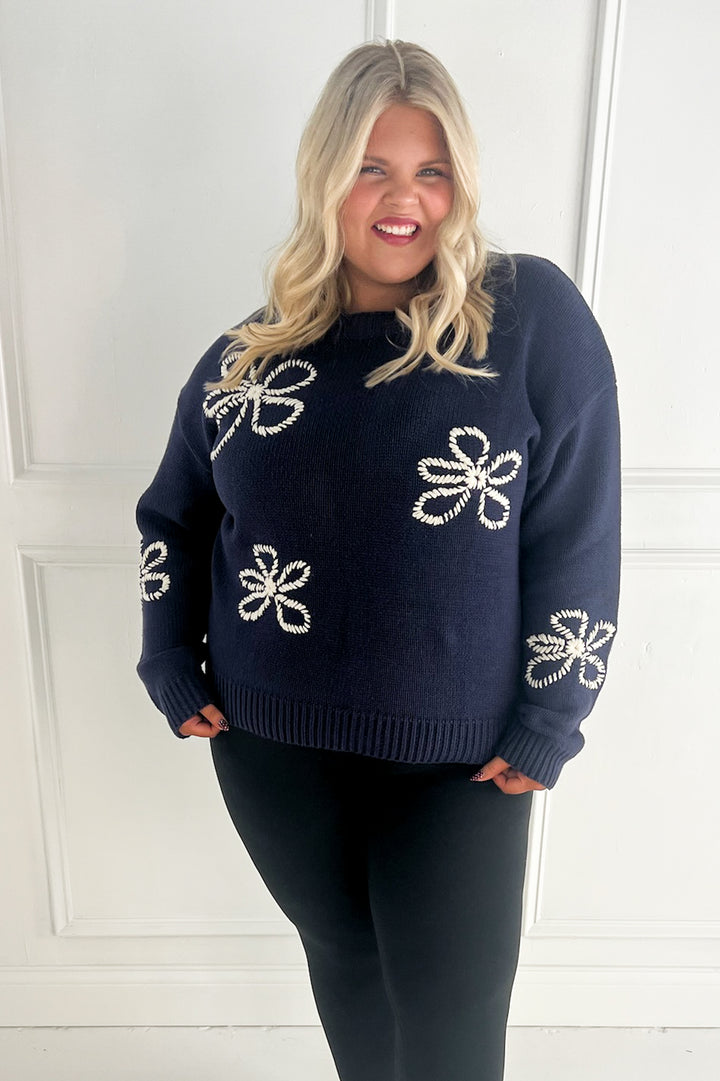 Flower Stitch Embroidered Curvy Sweater