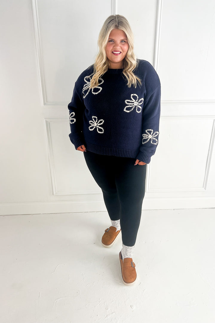 Flower Stitch Embroidered Curvy Sweater