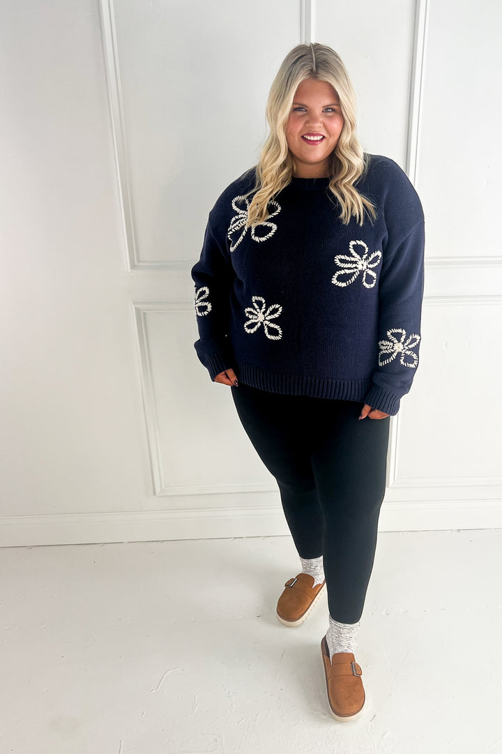 Flower Stitch Embroidered Curvy Sweater
