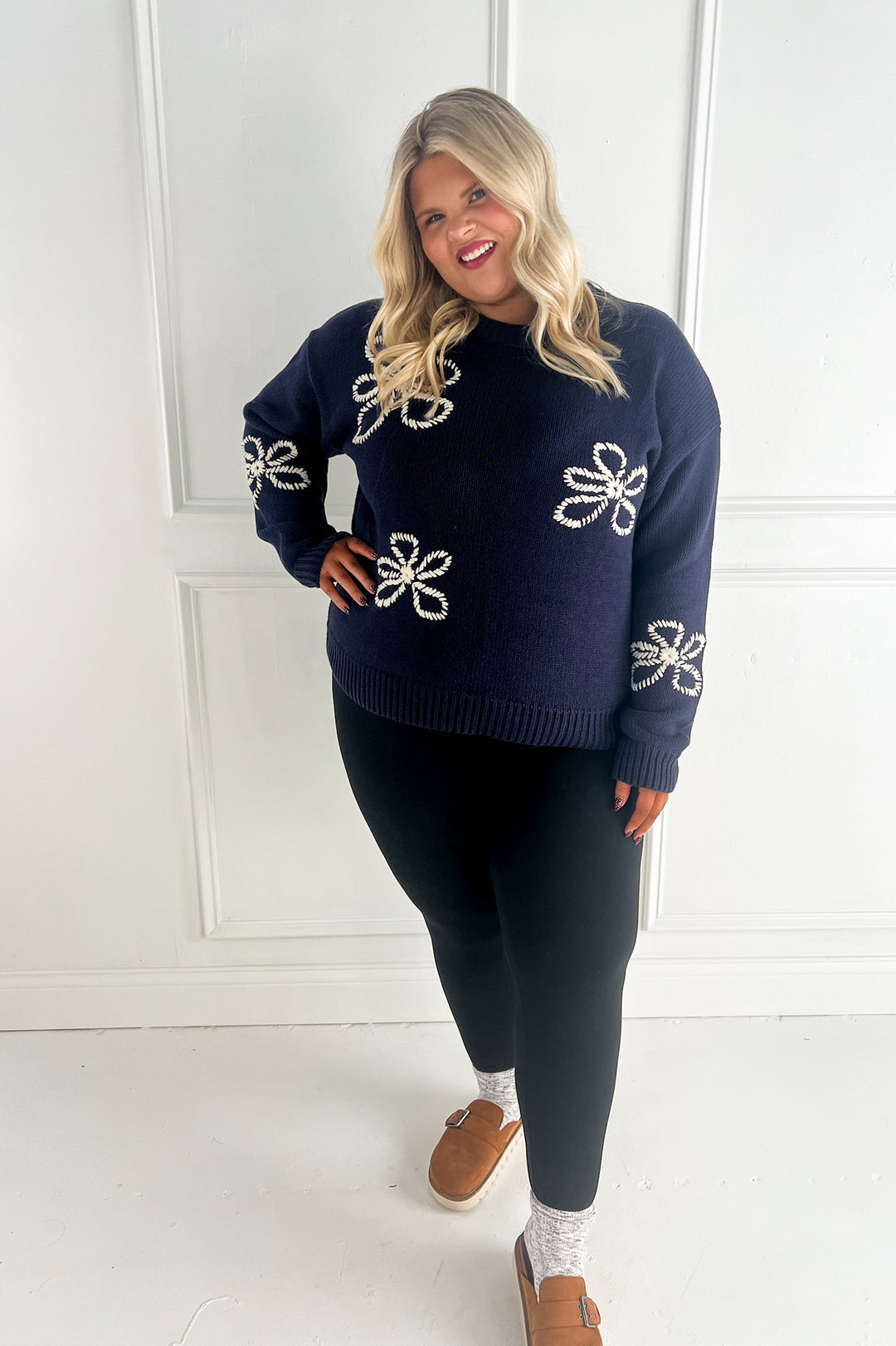 Flower Stitch Embroidered Curvy Sweater