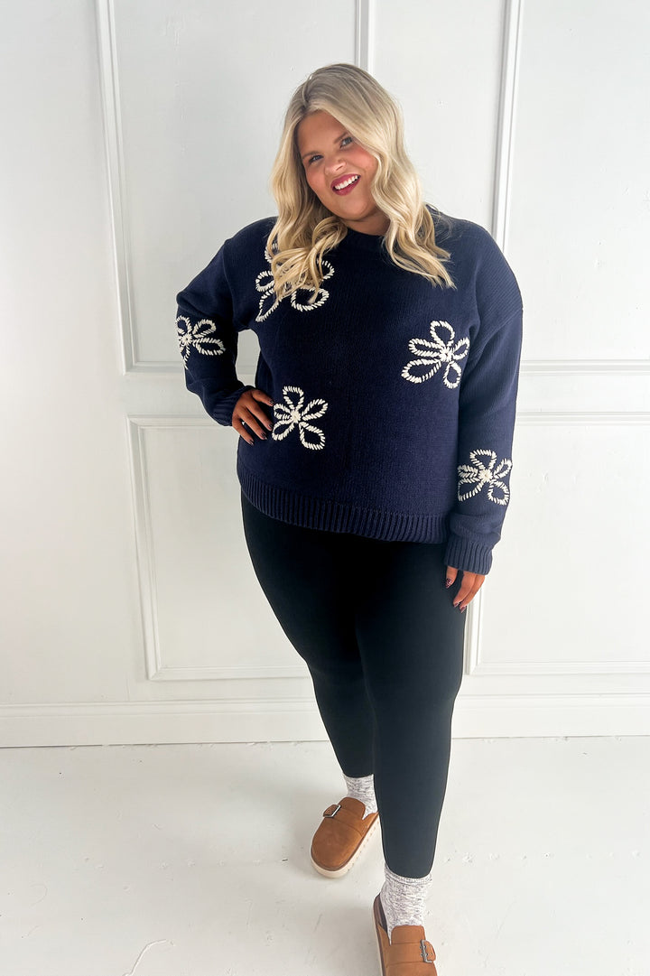 Flower Stitch Embroidered Curvy Sweater