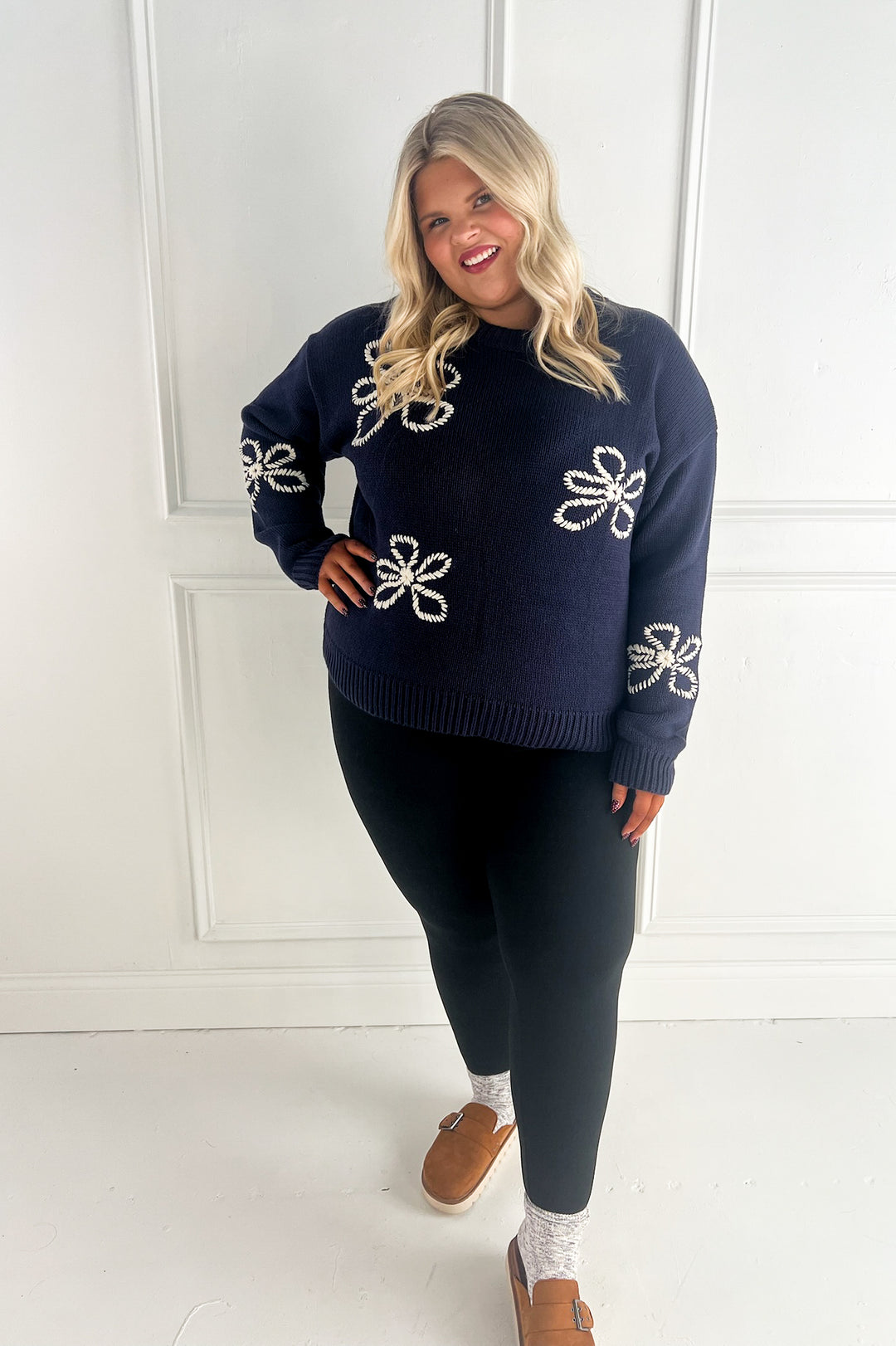 Flower Stitch Embroidered Curvy Sweater