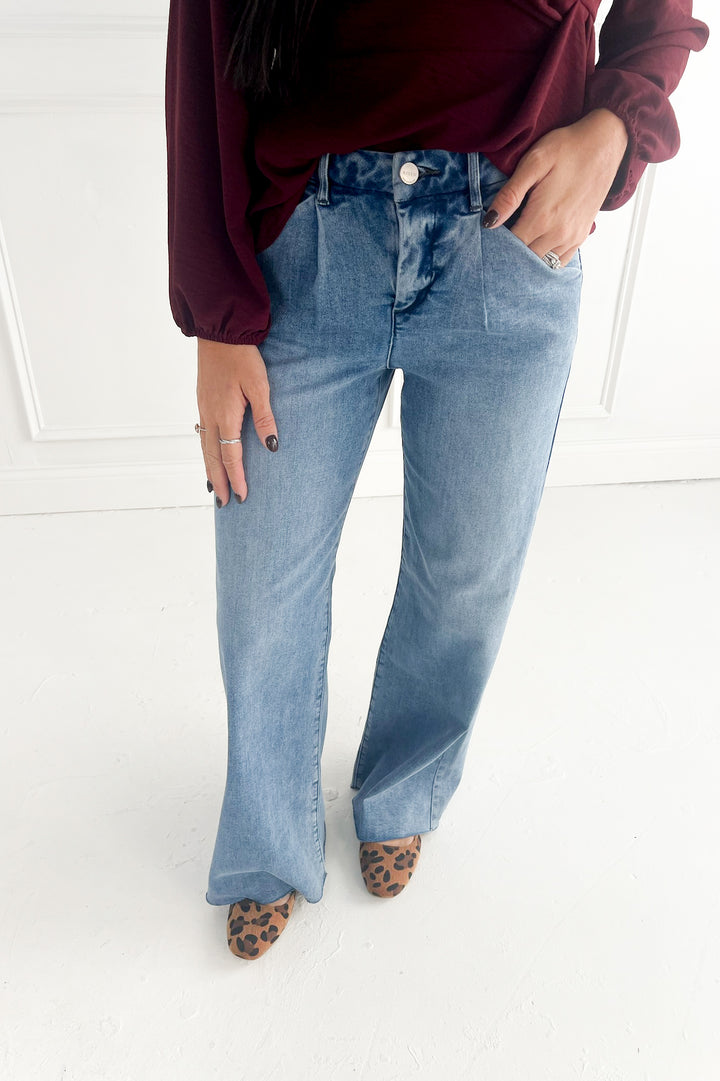 Risen High Rise Wide Leg Jeans With Pleats