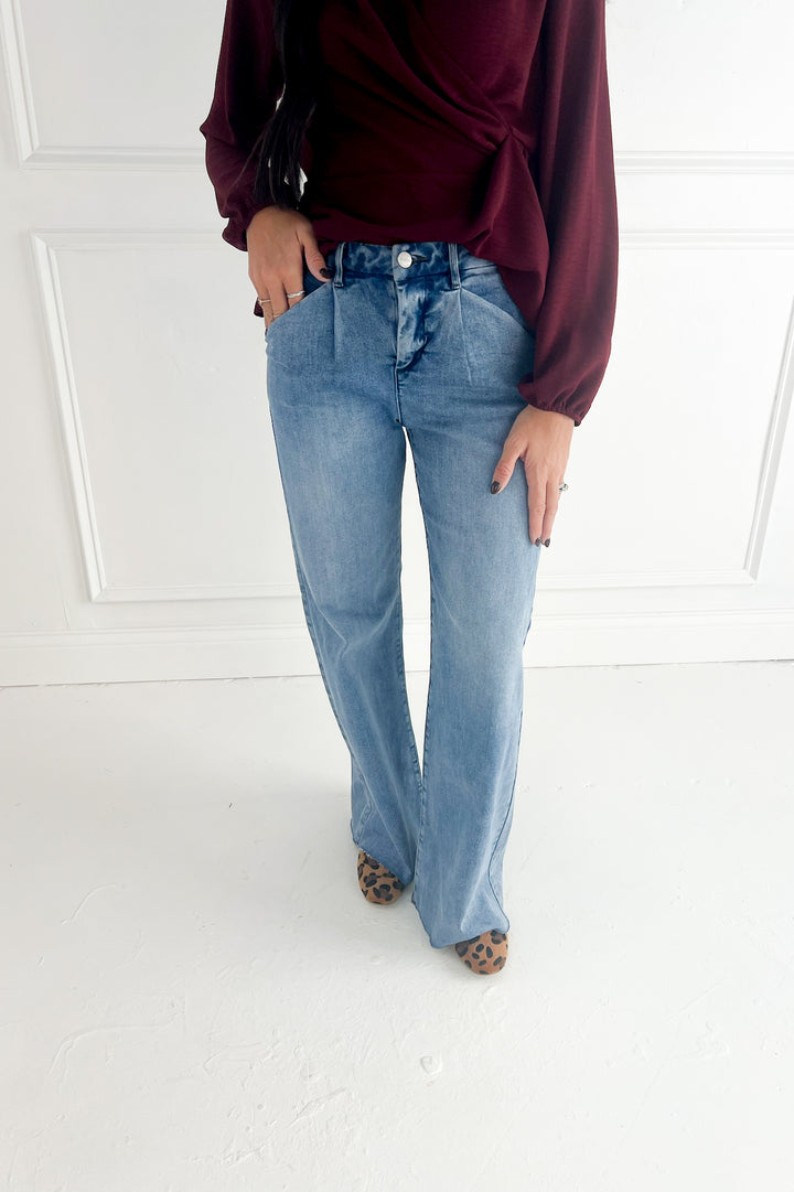 Risen High Rise Wide Leg Jeans With Pleats