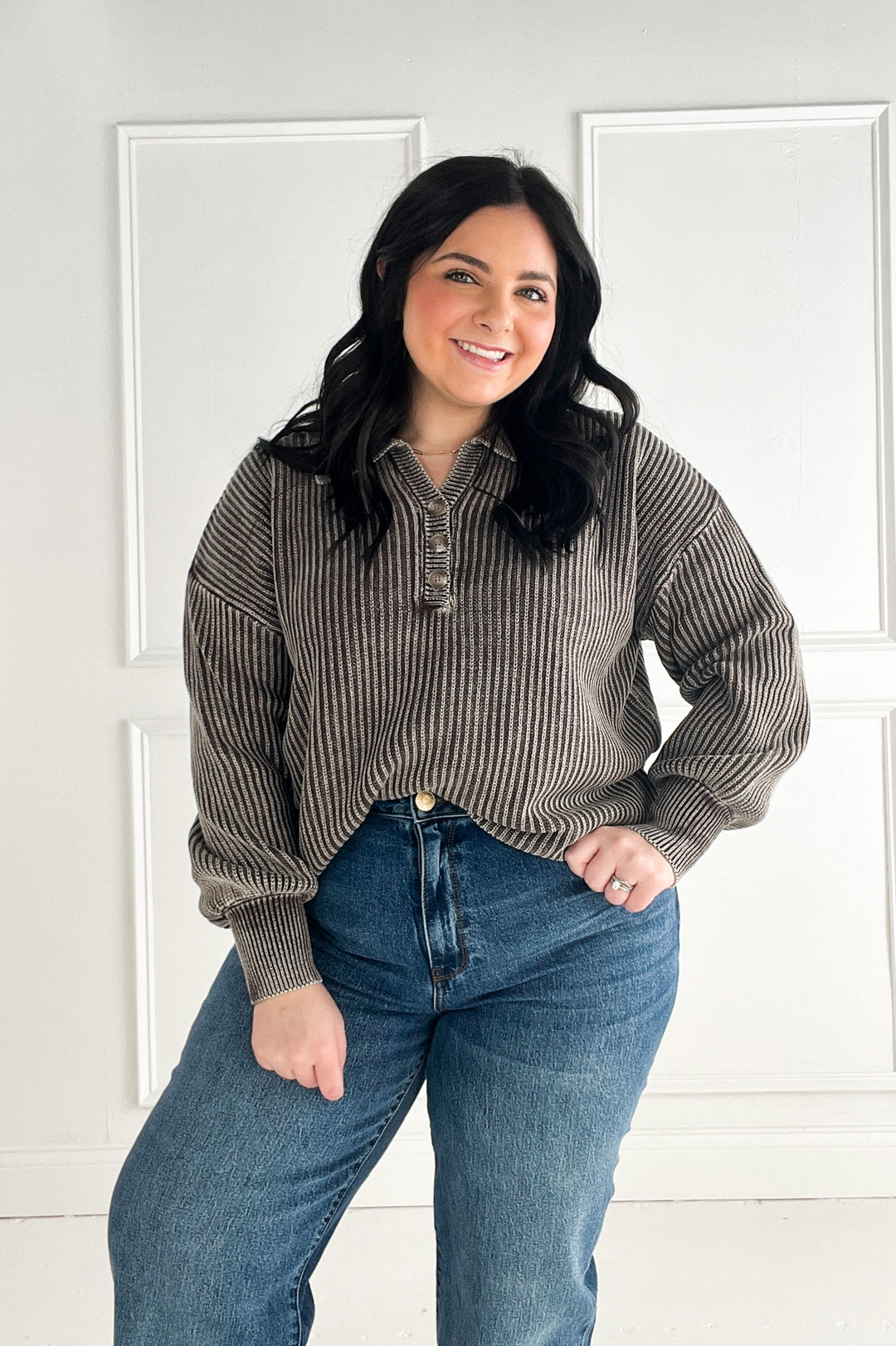 Washed Collared Henley Pullover Sweater