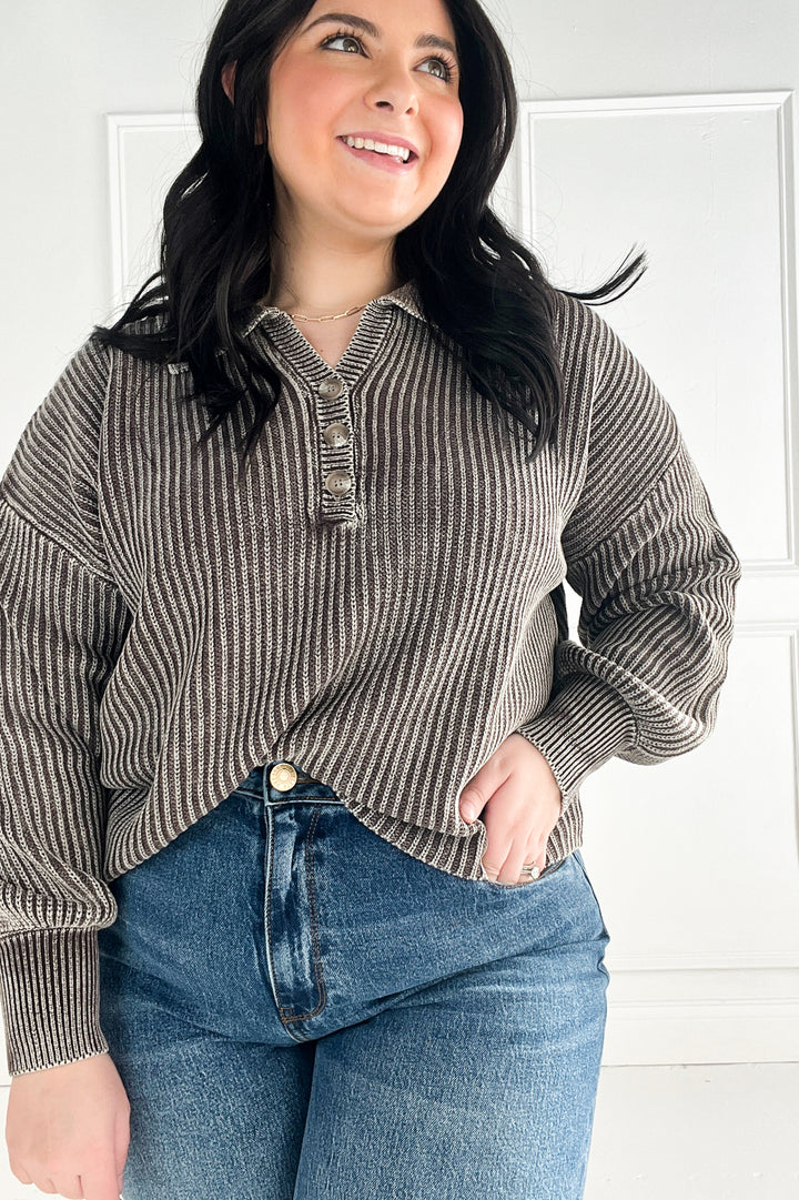 Washed Collared Henley Pullover Sweater