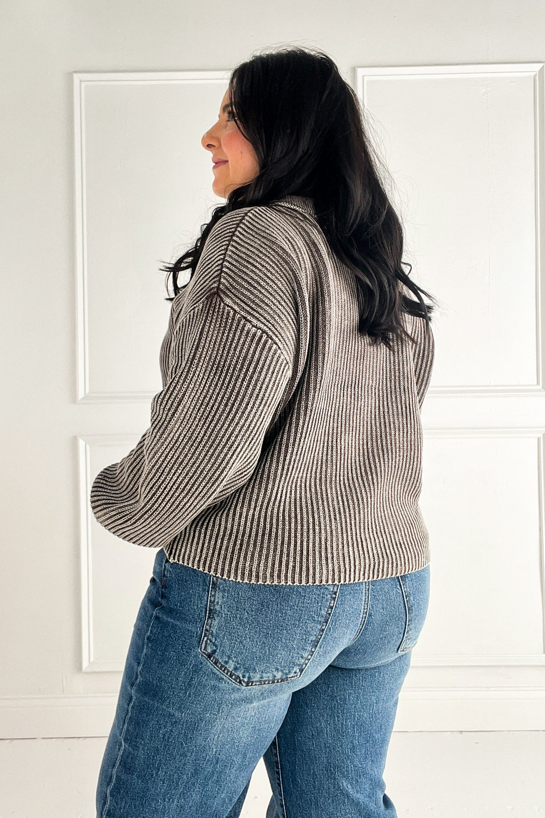 Washed Collared Henley Pullover Sweater