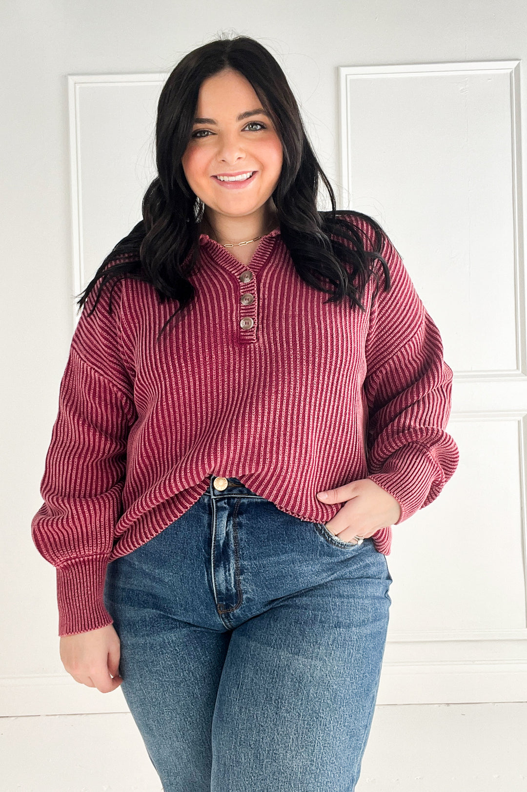 Washed Collared Henley Pullover Sweater