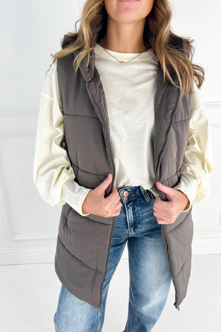 Zip Front Solid Hooded Duster Puffer Vest