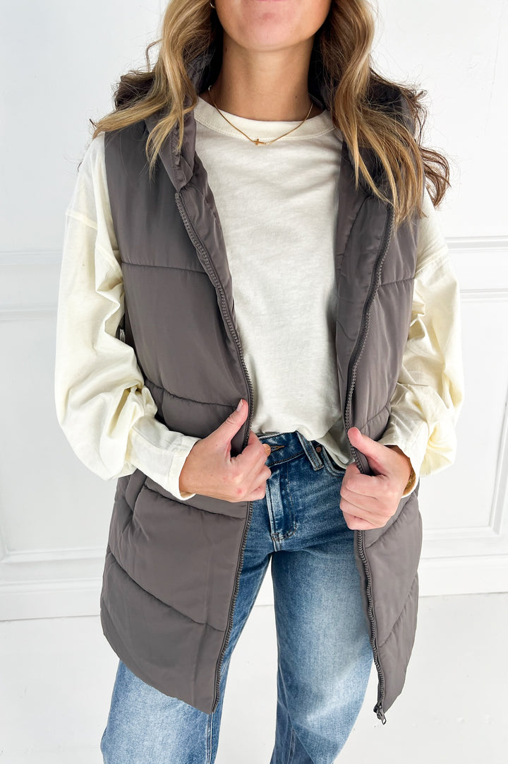 Zip Front Solid Hooded Duster Puffer Vest
