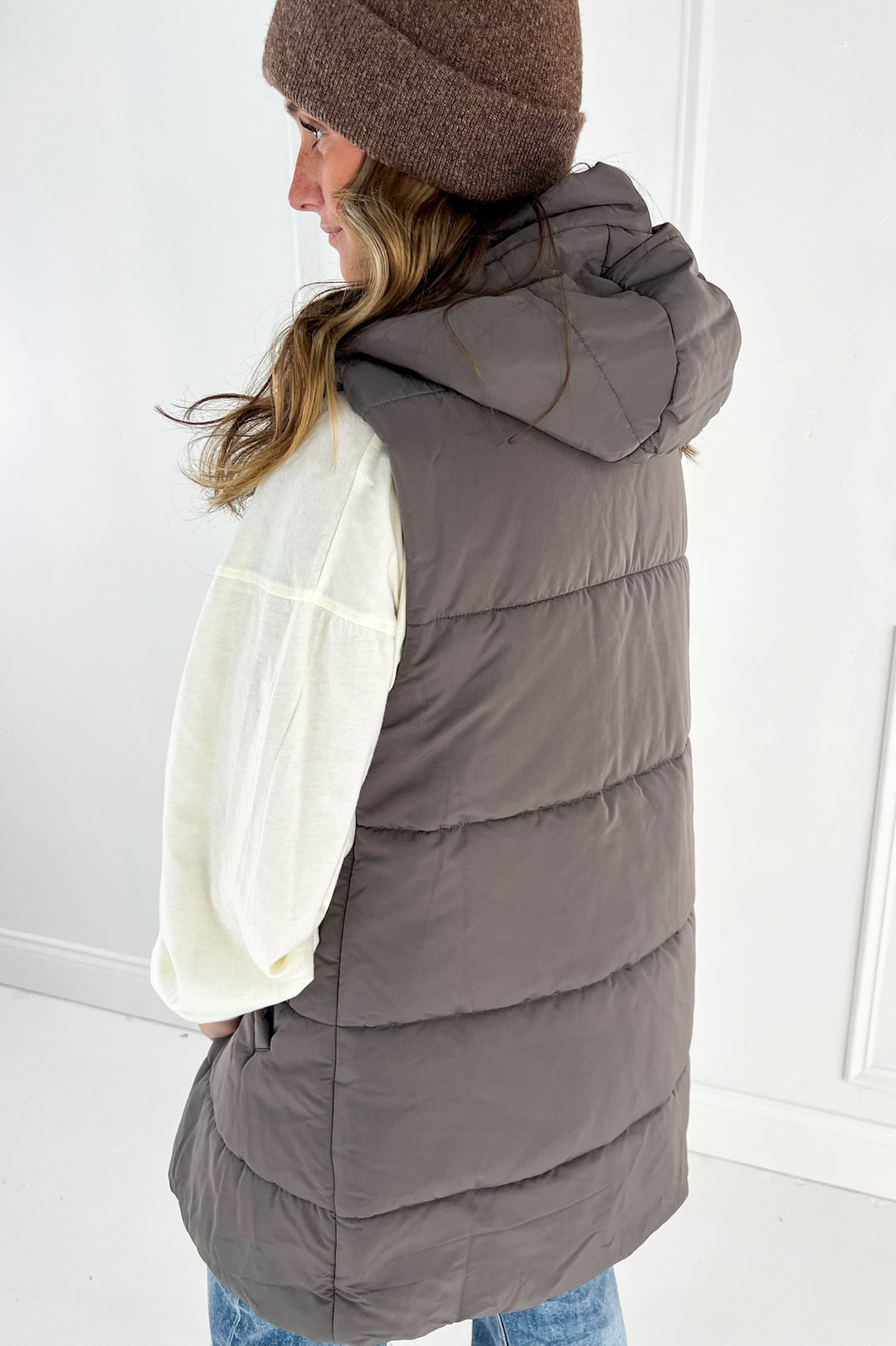 Zip Front Solid Hooded Duster Puffer Vest