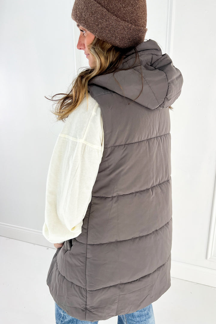 Zip Front Solid Hooded Duster Puffer Vest