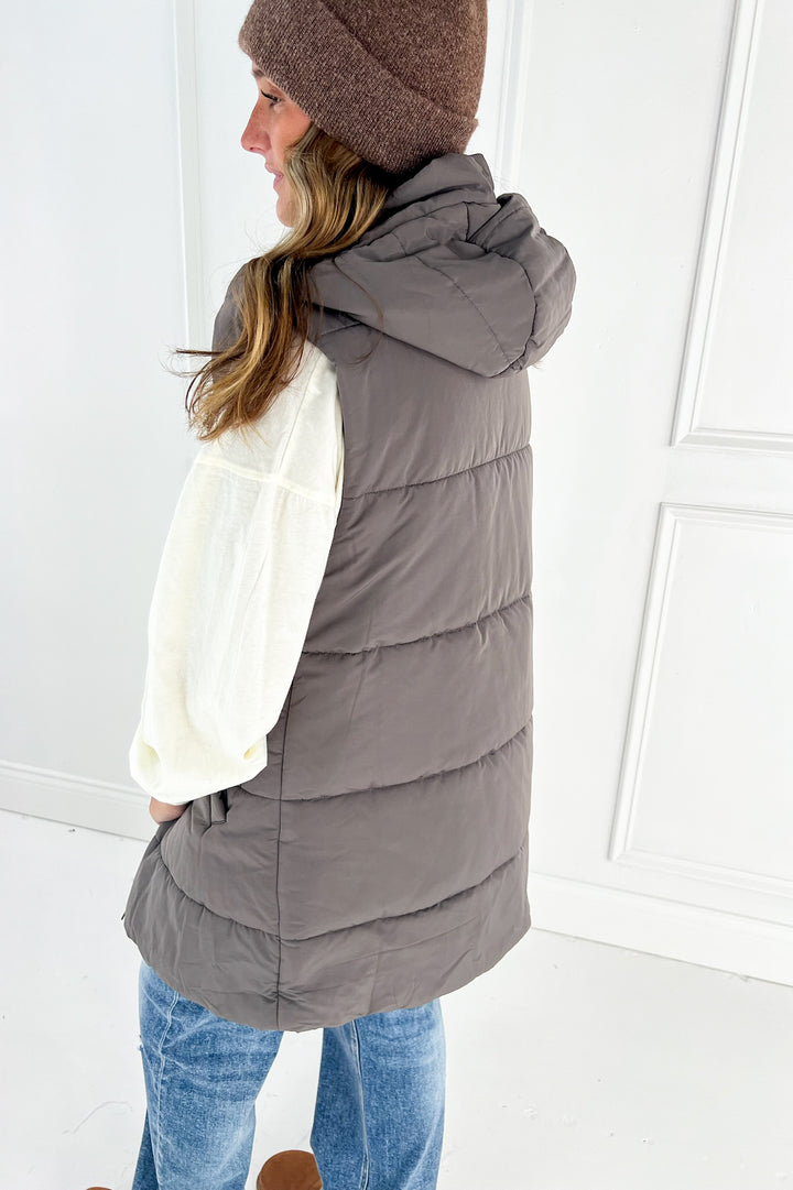 Zip Front Solid Hooded Duster Puffer Vest