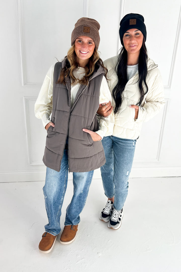 Zip Front Solid Hooded Duster Puffer Vest