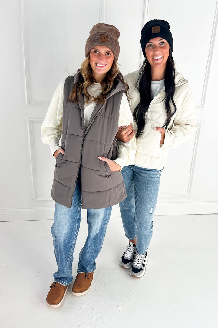 Zip Front Solid Hooded Duster Puffer Vest