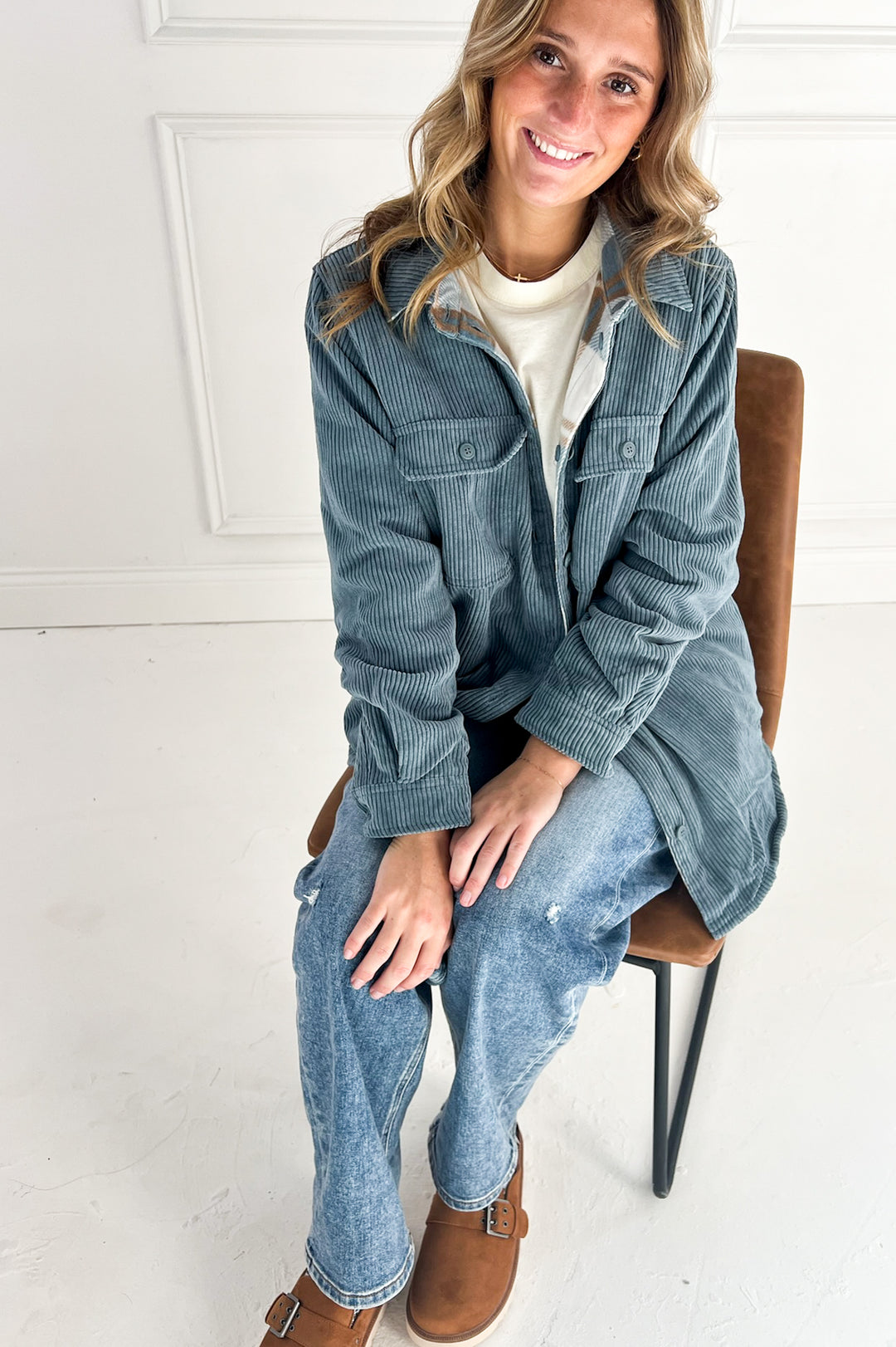 Plaid Lined Corduroy Flannel Shacket