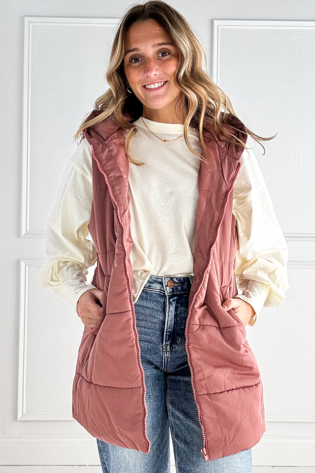 Zip Front Solid Hooded Duster Puffer Vest