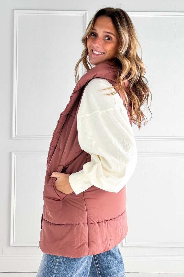 Zip Front Solid Hooded Duster Puffer Vest
