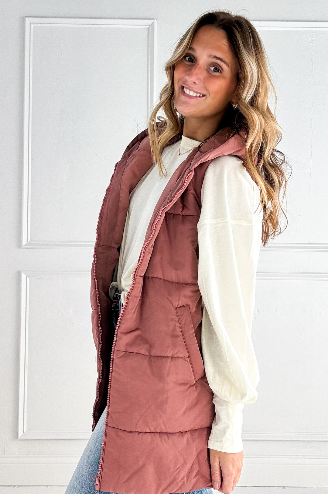 Zip Front Solid Hooded Duster Puffer Vest