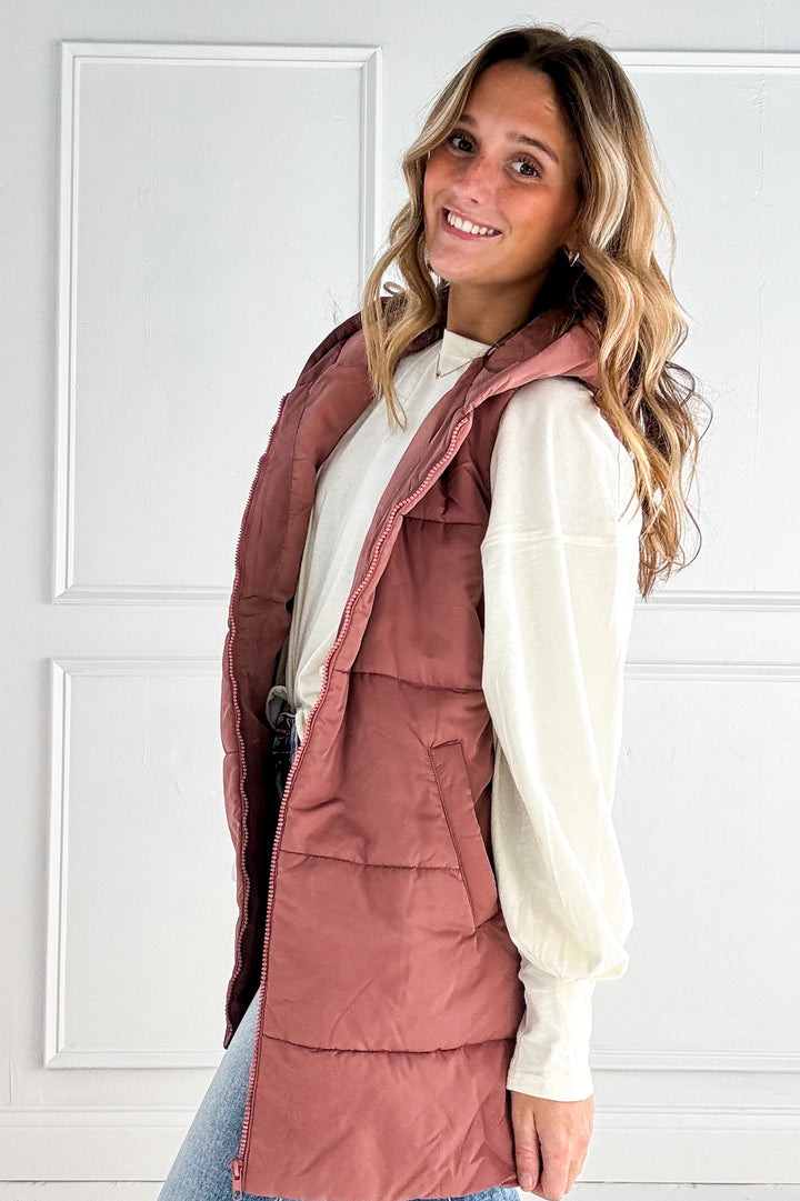 Zip Front Solid Hooded Duster Puffer Vest
