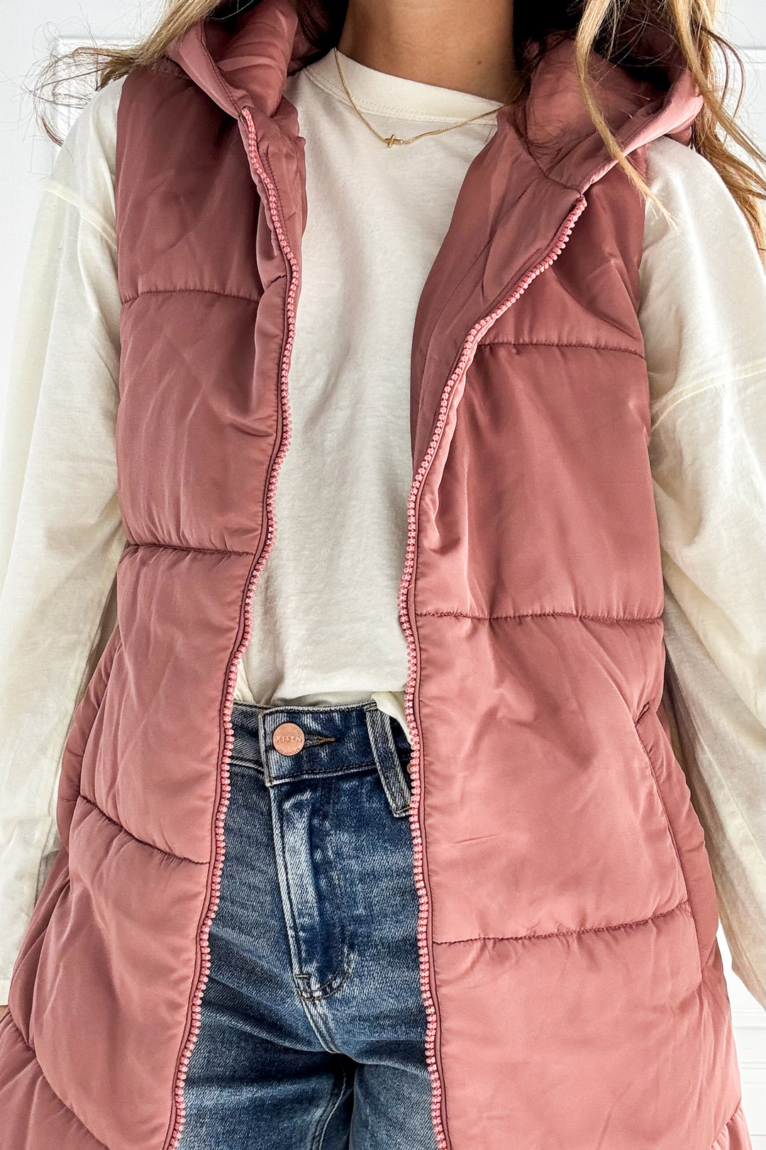 Zip Front Solid Hooded Duster Puffer Vest