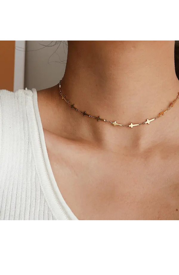 18K Gold Cross Choker Necklace