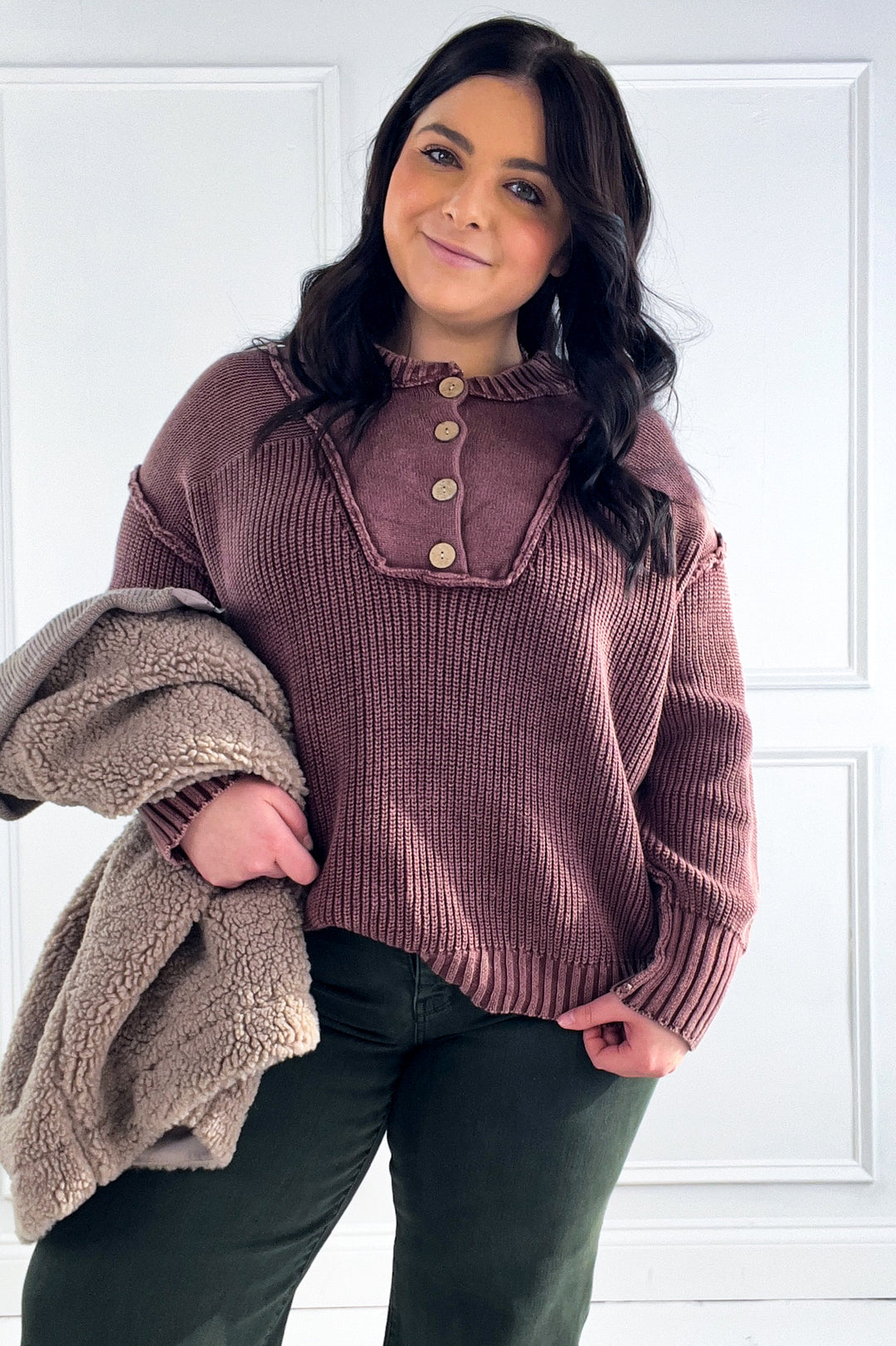 Button Front Henley Knit Sweater