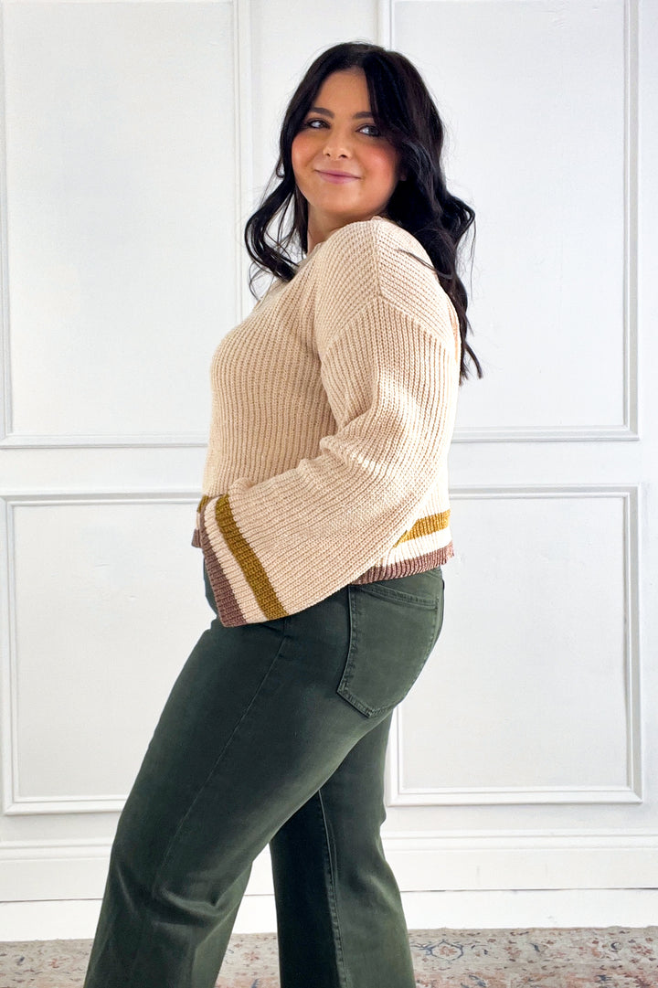 Striped Trim Ribbed Crewneck Sweater