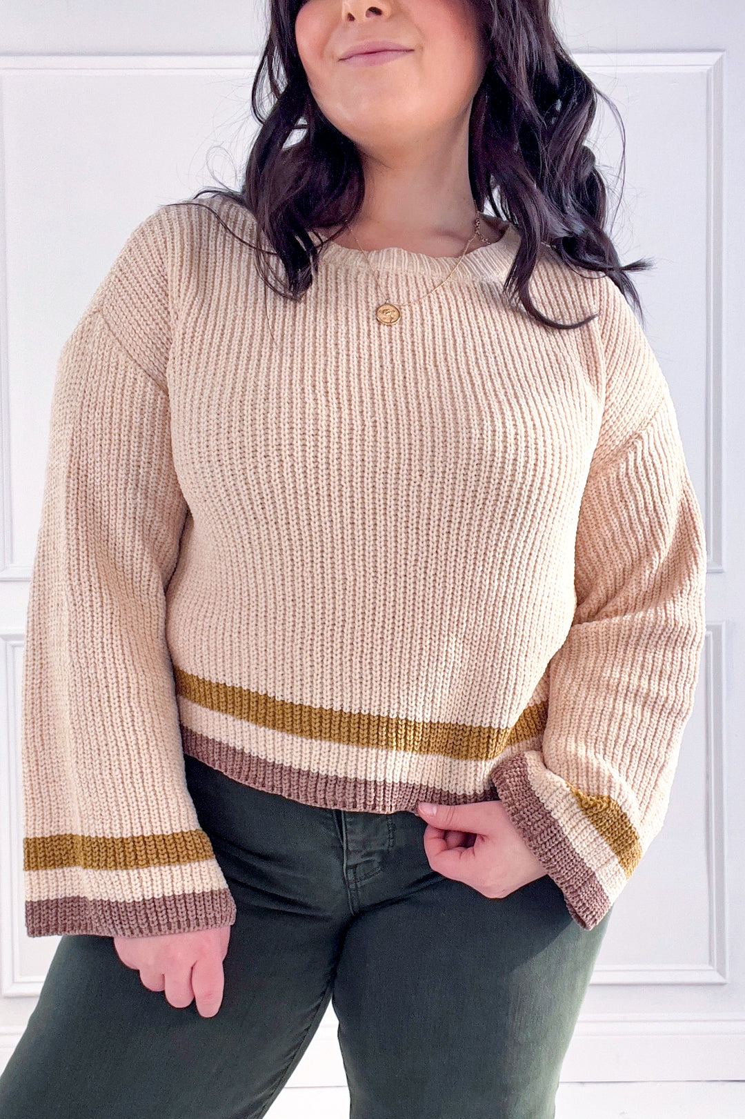 Striped Trim Ribbed Crewneck Sweater