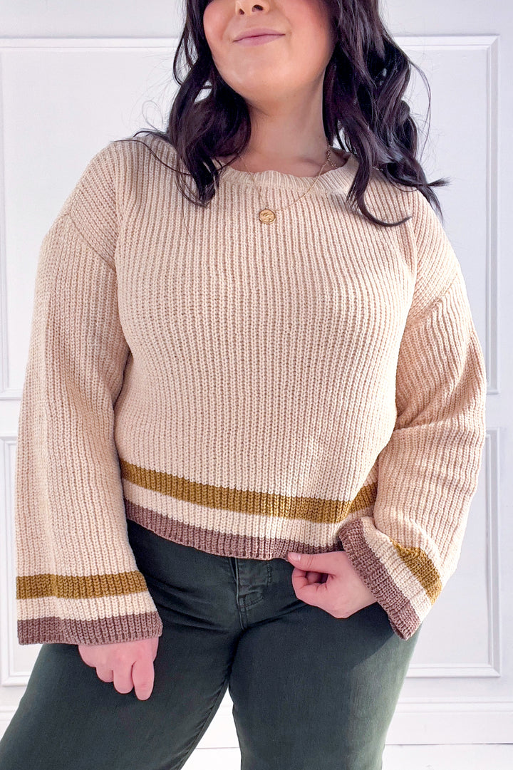 Striped Trim Ribbed Crewneck Sweater