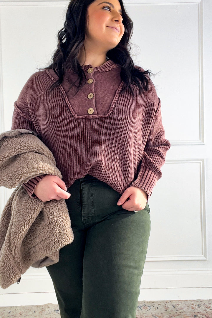 Button Front Henley Knit Sweater