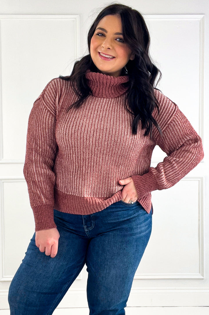 Two-tone Soft Chenille Turtle Neck Sweater