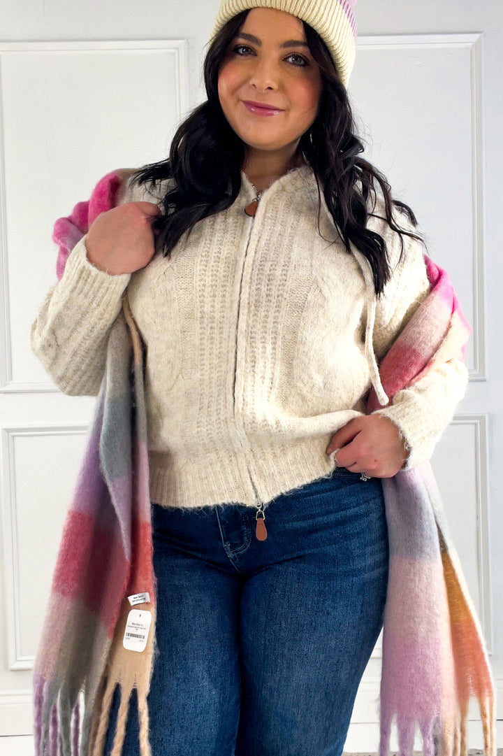 Zip Up Textured Knit Hooded Cardigan