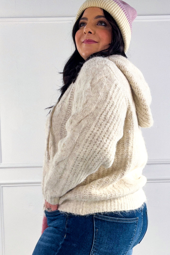 Zip Up Textured Knit Hooded Cardigan